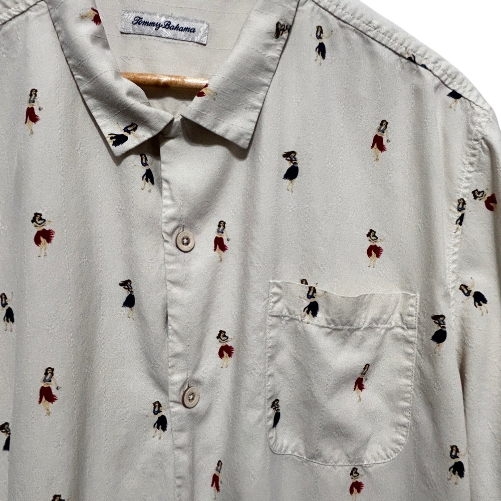 Tommy Bahama Mens Silk Camp Shirt XL Cream Hula Girl Novelty‎ Print Y2K Resort
